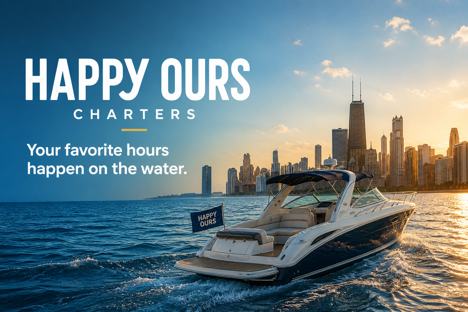 Happy Ours Charters — Your favorite hours happen on the water. A private motorboat cruises Lake Michigan with the Chicago skyline at golden hour.